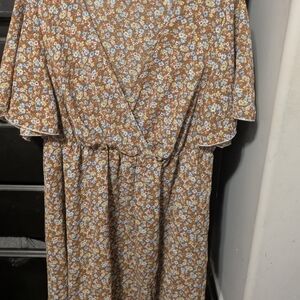 Brown Floral Wrap-Style Midi Dress with Waist Tie